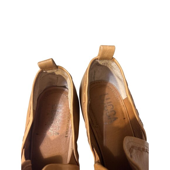 Lucca Lane Tan Leather Peep-Toe Block Heel Sandals With Stitch Detail & Back Pul - Picture 3 of 8